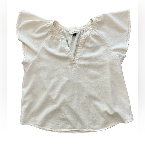 Simple white flutter sleeve split v-neck relaxed linen blend light weight top M - Picture 4 of 7